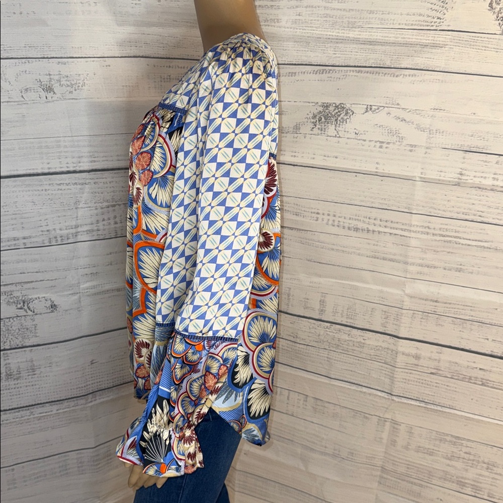 NWOT Printed Long-Sleeve Blouse in Light Blue and Multicolor - Picture 5 of 6
